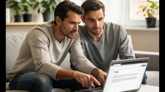 Couple français consultant une simulation de prêt immobilier sur ordinateur portable dans leur salon