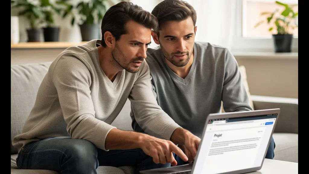 Couple français consultant une simulation de prêt immobilier sur ordinateur portable dans leur salon