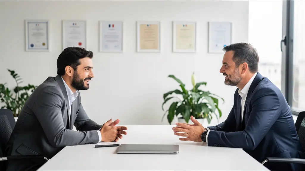 Conseiller financier et client en discussion dans un bureau moderne lumineux